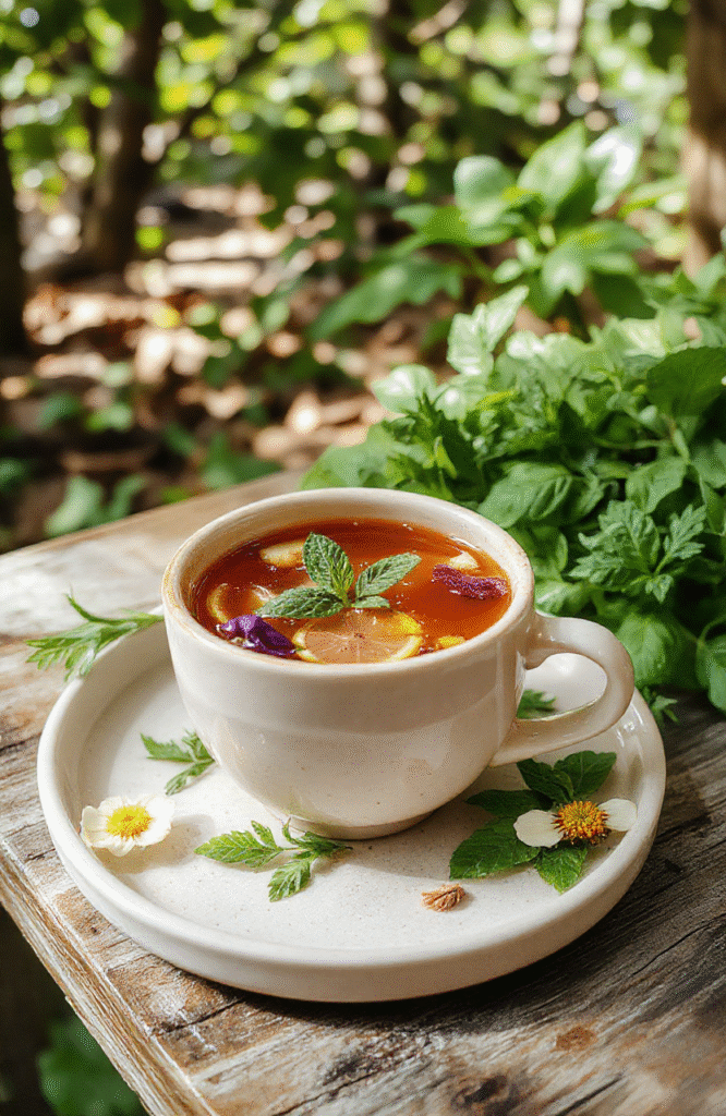 A vibrant cup of herbal tea garnished with fresh herbs and edible flowers, set on a rustic wooden table with soft natural light, evoking a mystical forest scene from Pocahontas, with woven textiles and nature elements in the background.
