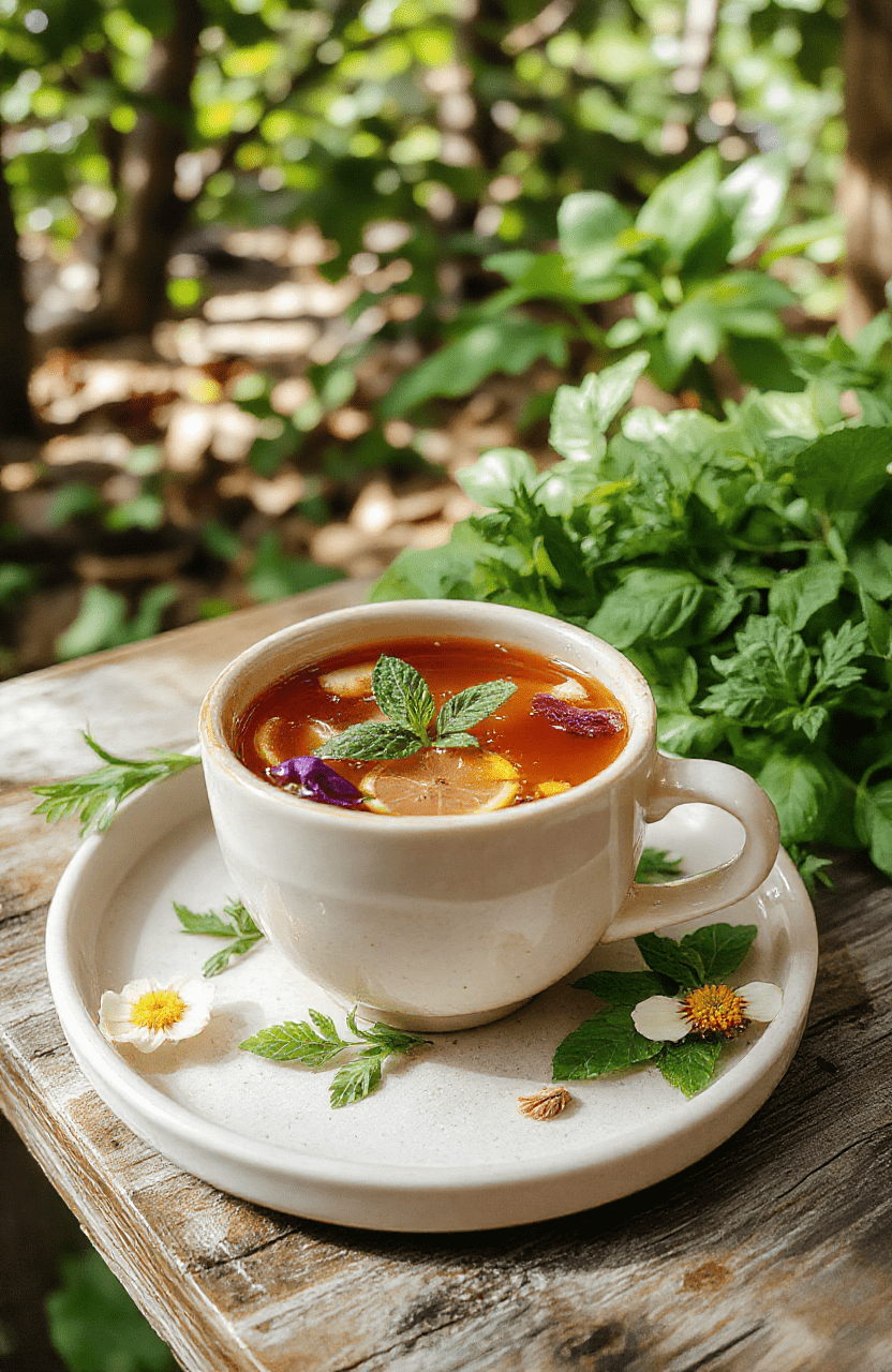 A vibrant cup of herbal tea garnished with fresh herbs and edible flowers, set on a rustic wooden table with soft natural light, evoking a mystical forest scene from Pocahontas, with woven textiles and nature elements in the background.