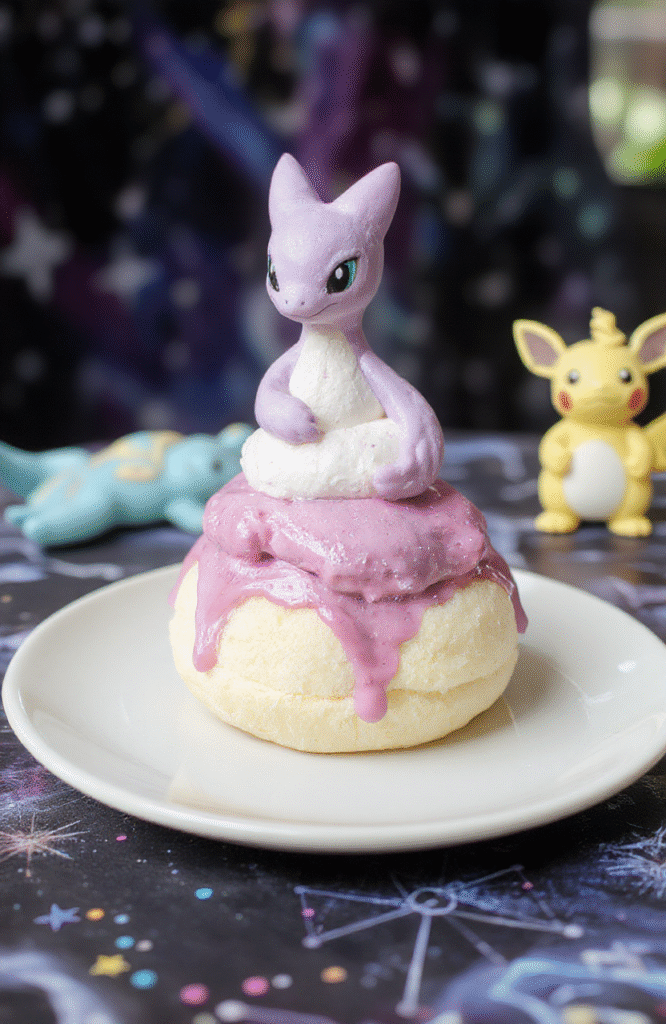 A vibrant pink and purple Pokémon Mewtwo Psychic Soufflé, elegantly risen in a crisp ramekin, topped with a delicate dusting of powdered sugar and edible glitter, set on a whimsical cosmic-themed plate with subtle glow effects, highlighting the airy and fluffy texture, styled with a Pokémon-themed backdrop for a magical ambiance.