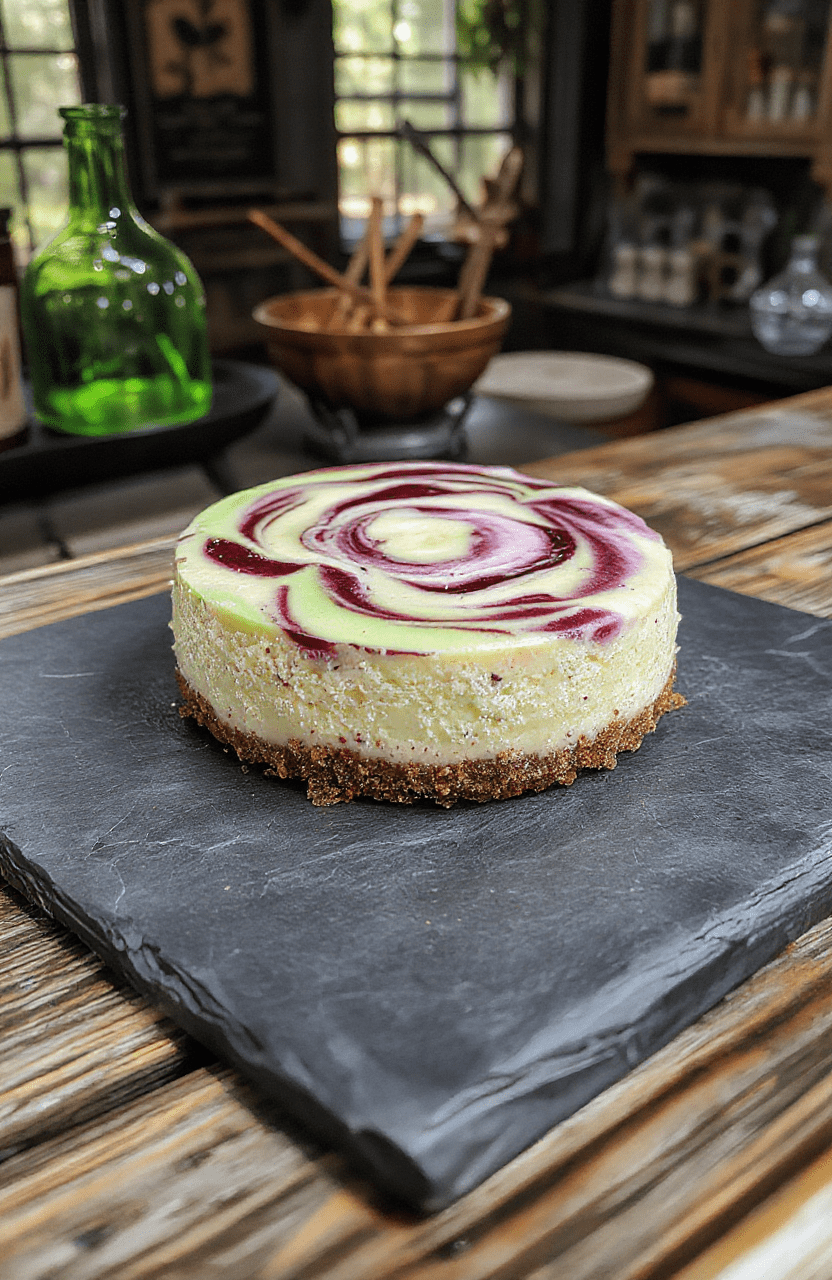 A vibrant, swirling swirl cheesecake with vivid green and purple hues on an elegant white plate, topped with shimmering edible glitter. The textured crust edges are golden brown, contrasting with the smooth, glossy topping that has intricate swirling patterns. The presentation includes mystical fog-like clouds gently surrounding the base, capturing a magical and mysterious potion vibe.