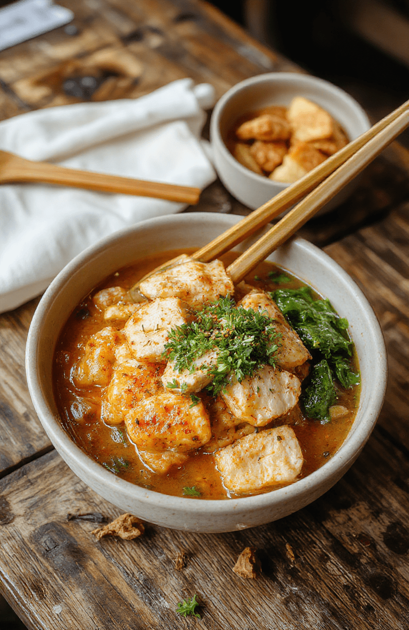 A vibrant plate of chicken ramen stir fry featuring tender chicken pieces, colorful vegetables, and soft noodles coated in a glossy savory sauce. The dish is artfully arranged on a white ceramic plate, garnished with sliced green onions and sesame seeds, with a rustic wooden table background providing a warm, inviting atmosphere.