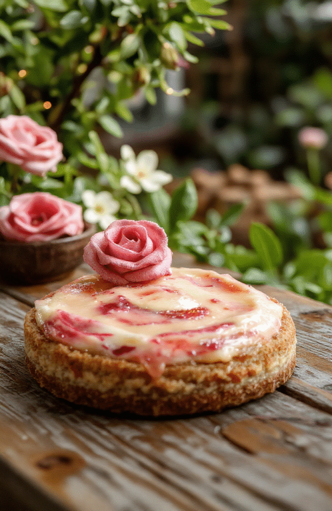 A beautifully decorated rose-shaped tart with vibrant pink and red edible roses on top, resting on a rustic wooden platter. The tart’s golden crust is crisp and flaky, contrasting with the smooth and velvety rose frosting. Light reflections highlight the delicate petals and ornate piping details, creating a whimsical and enchanted appearance suitable for a fairytale dessert presentation.