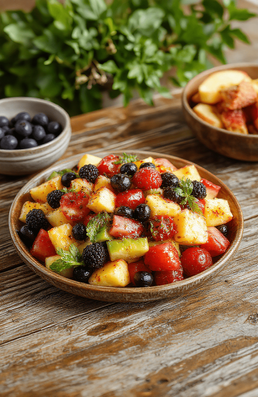 Colorful fruit salad arranged beautifully in a clear glass bowl featuring vibrant strawberries, kiwi slices, blueberries, orange segments, and grapes, glistening with juice, styled with mint leaves on top for a fresh look, set on a rustic wooden table with soft natural lighting
