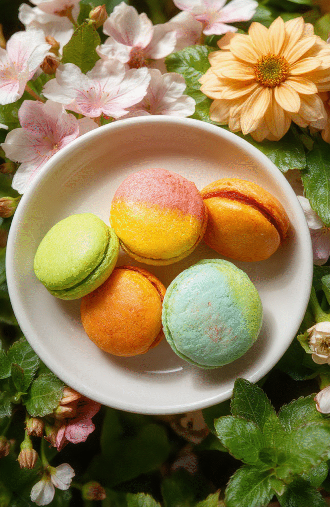 A vibrant plate of rainbow-colored macarons with smooth, glossy shells arranged artfully on a white ceramic plate, with soft pastel backgrounds enhancing their bright hues, highlighting their delicate texture and playful colors.