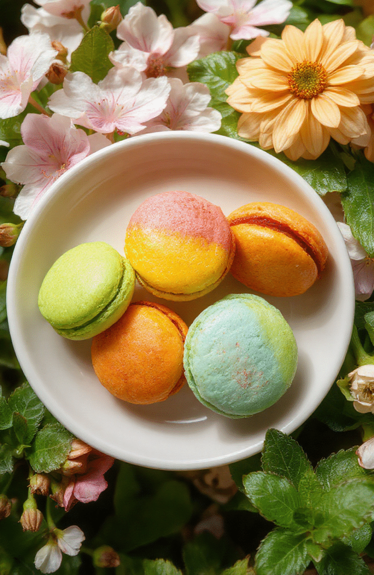 A vibrant plate of rainbow-colored macarons with smooth, glossy shells arranged artfully on a white ceramic plate, with soft pastel backgrounds enhancing their bright hues, highlighting their delicate texture and playful colors.