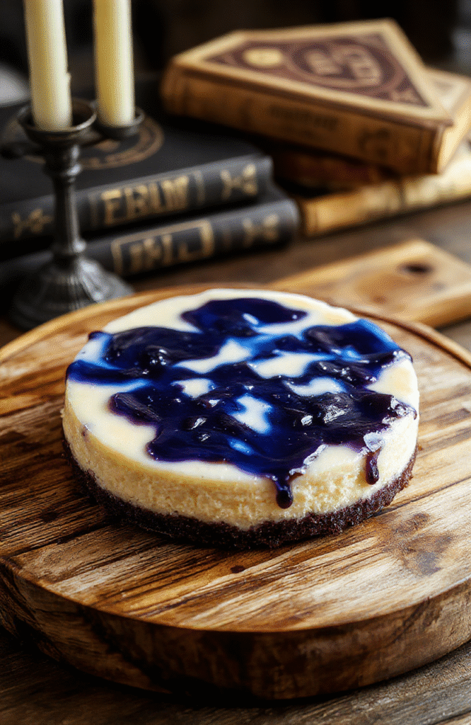 A vibrant slice of Ravenclaw Butterbeer Cheesecake with a rich, creamy texture topped with vivid blue velvet frosting, garnished with edible silver stars, all displayed on a rustic wooden plate with a Hogwarts-themed backdrop
