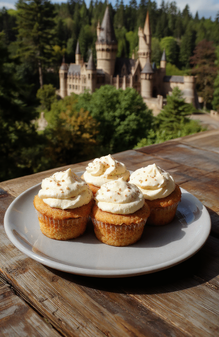 A close-up of vibrant blue and gold cupcakes decorated with shimmering bronze drizzle on top, arranged on a dark navy plate. The cupcakes have a glossy butterbeer glaze with specks of edible glitter, giving a magical starry night appearance, styled on a rustic wooden surface with a softly blurred Hogwarts motif in the background.