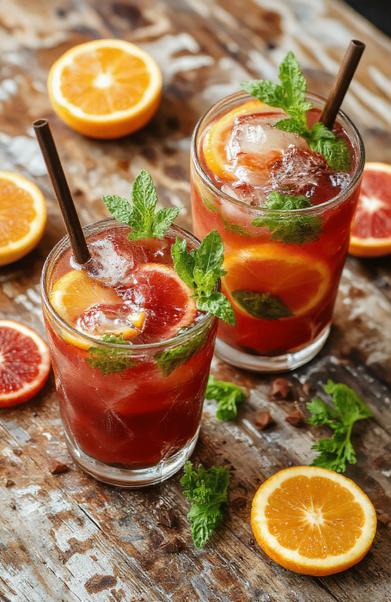 A vibrant glass of blood orange mojito garnished with fresh mint leaves and a slice of blood orange, set on a rustic wooden table with a blurred background of tropical fruits and cocktail accessories, highlighting the bright orange color, frosty surface, and fresh herbs.