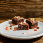 Brightly colored Roblox-themed Builder’s Brick Brownies decorated with pixelated icing in vibrant reds, blues, and greens, arranged on a sleek white plate with a clean wooden background, showing the textured, fudgy surface and detailed pixel-inspired designs.