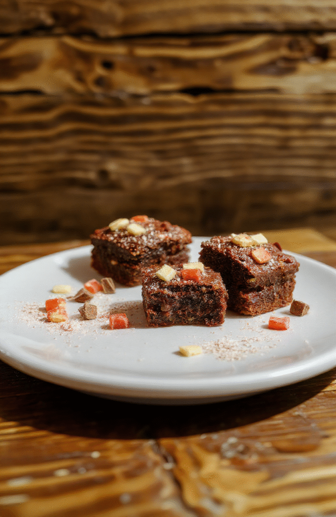 Brightly colored Roblox-themed Builder’s Brick Brownies decorated with pixelated icing in vibrant reds, blues, and greens, arranged on a sleek white plate with a clean wooden background, showing the textured, fudgy surface and detailed pixel-inspired designs.