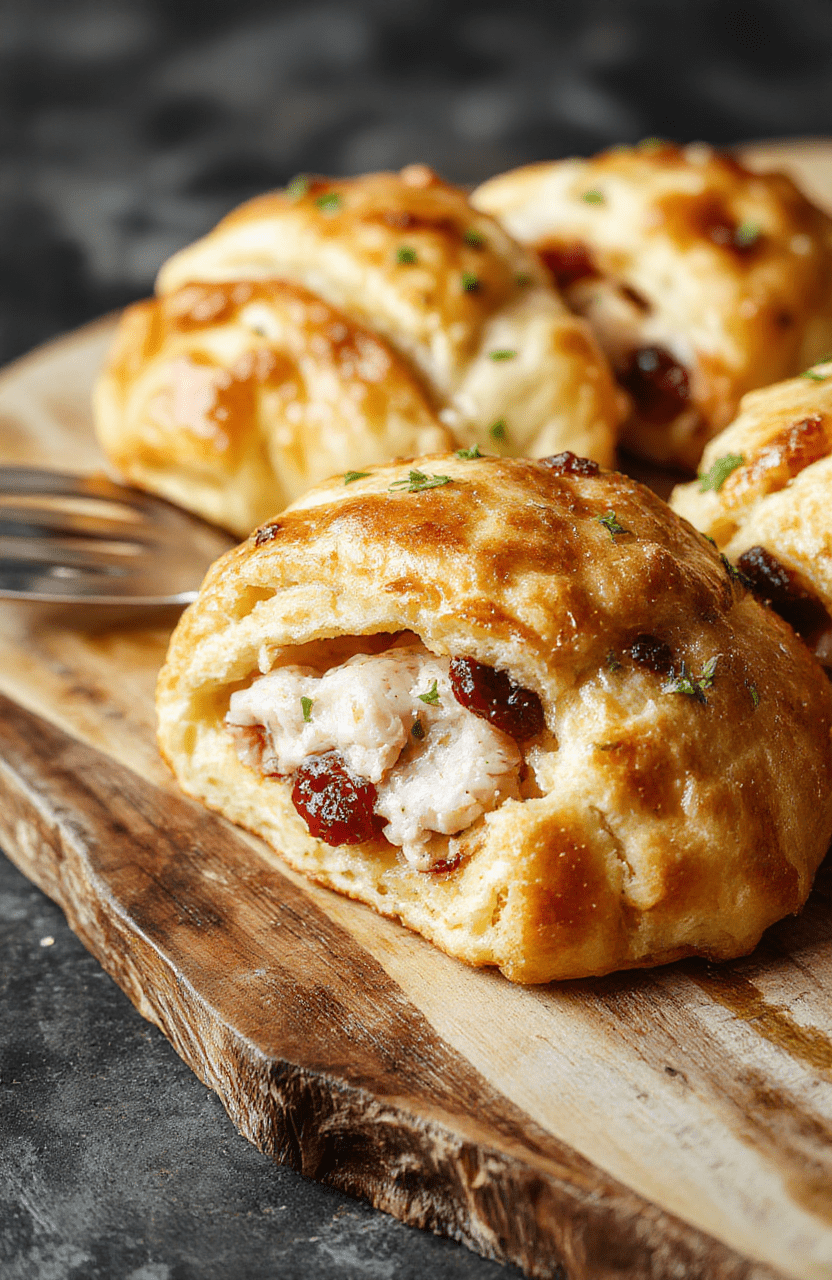 A golden-brown crescent ring filled with tender turkey, vibrant cranberries, and melted cheese, arranged in a festive circular shape on a rustic wooden board, garnished with fresh herbs and a drizzle of cranberry sauce, with a soft-focus background enhancing the inviting holiday vibe.
