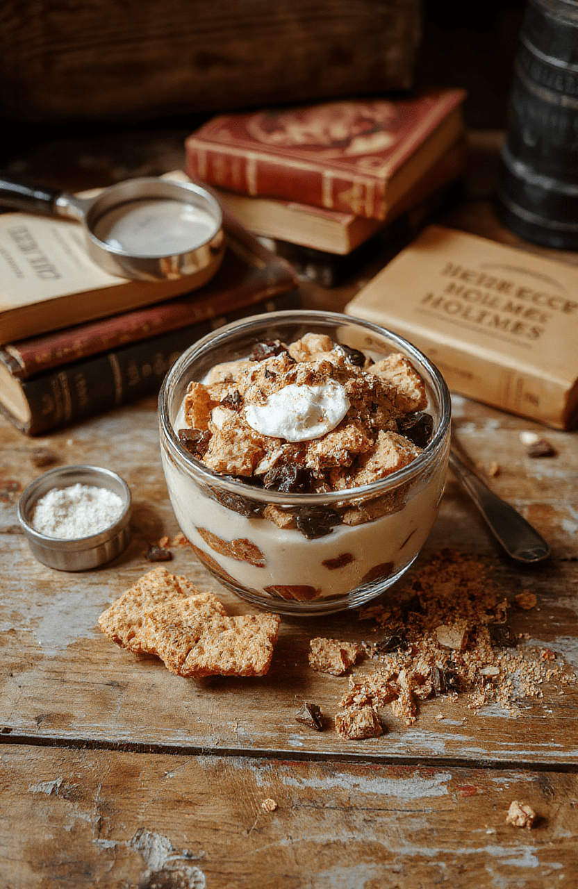 A layered Sherlock Holmes Casebook Parfait served in a clear glass, featuring dark cocoa crumb layers, creamy vanilla custard, and vibrant berry compote. The top is garnished with a sprig of mint and a small Sherlock Holmes figurine, styled elegantly on a vintage wooden surface with a dimly lit, mysterious ambiance.