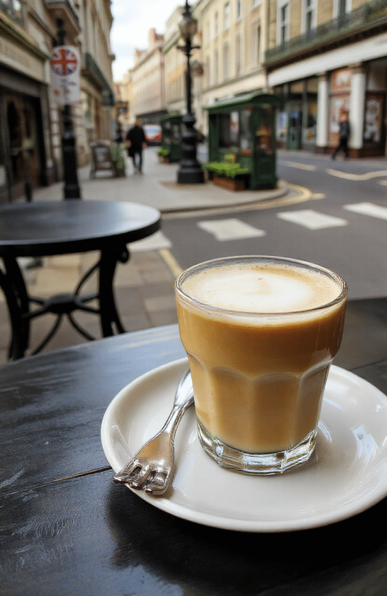 A steaming London Fog Latte in a clear glass mug with a delicate layer of frothy milk on top, infused with a hint of vanilla and Earl Grey tea, styled with a lemon twist on the rim. The drink sits on a vintage wooden table with soft ambient lighting, highlighting its creamy texture and tea-infused aroma, evoking a cozy Victorian ambiance.