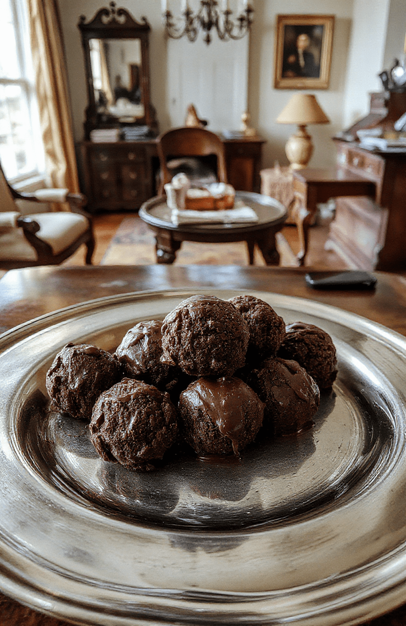 Close-up of elegant Sherlock Holmes Pipe-Smoked Chocolate Truffles arranged on a vintage silver plate, showcasing their glossy dark chocolate coating with a hint of smoked tobacco aroma, styled with a Victorian-era theme, subtle smoky background, and soft lighting highlighting their rich texture.