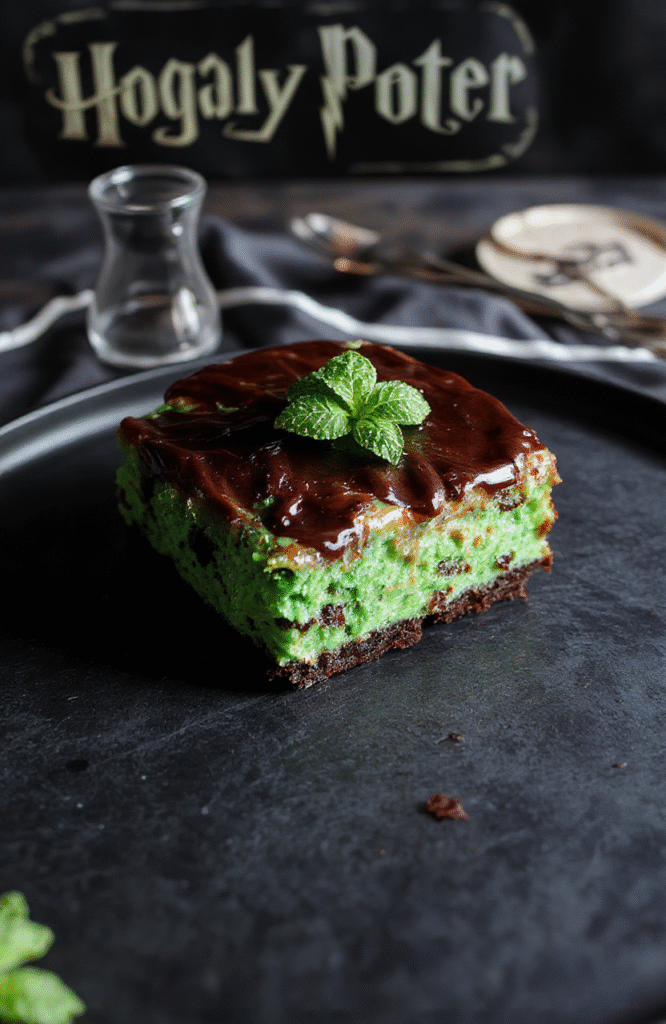 A vibrant green mint chocolate cheesecake topped with edible silver shimmer, sliced to reveal a creamy, layered interior with dark chocolate swirls. The cheesecake is decorated with sprigs of fresh mint and a drizzle of melted chocolate on a sleek white plate, set against a dark, elegant background with subtle shimmer accents.