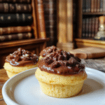 Colorful Butterbeer Cupcakes arranged on a rustic wooden table. The cupcakes have golden-yellow frosting topped with caramel drizzle, with miniature potion bottles and wizarding accessories beside them. The background features a cozy, dimly lit wizarding library with leather books and vintage decor, styled in warm tones to evoke a magical atmosphere.