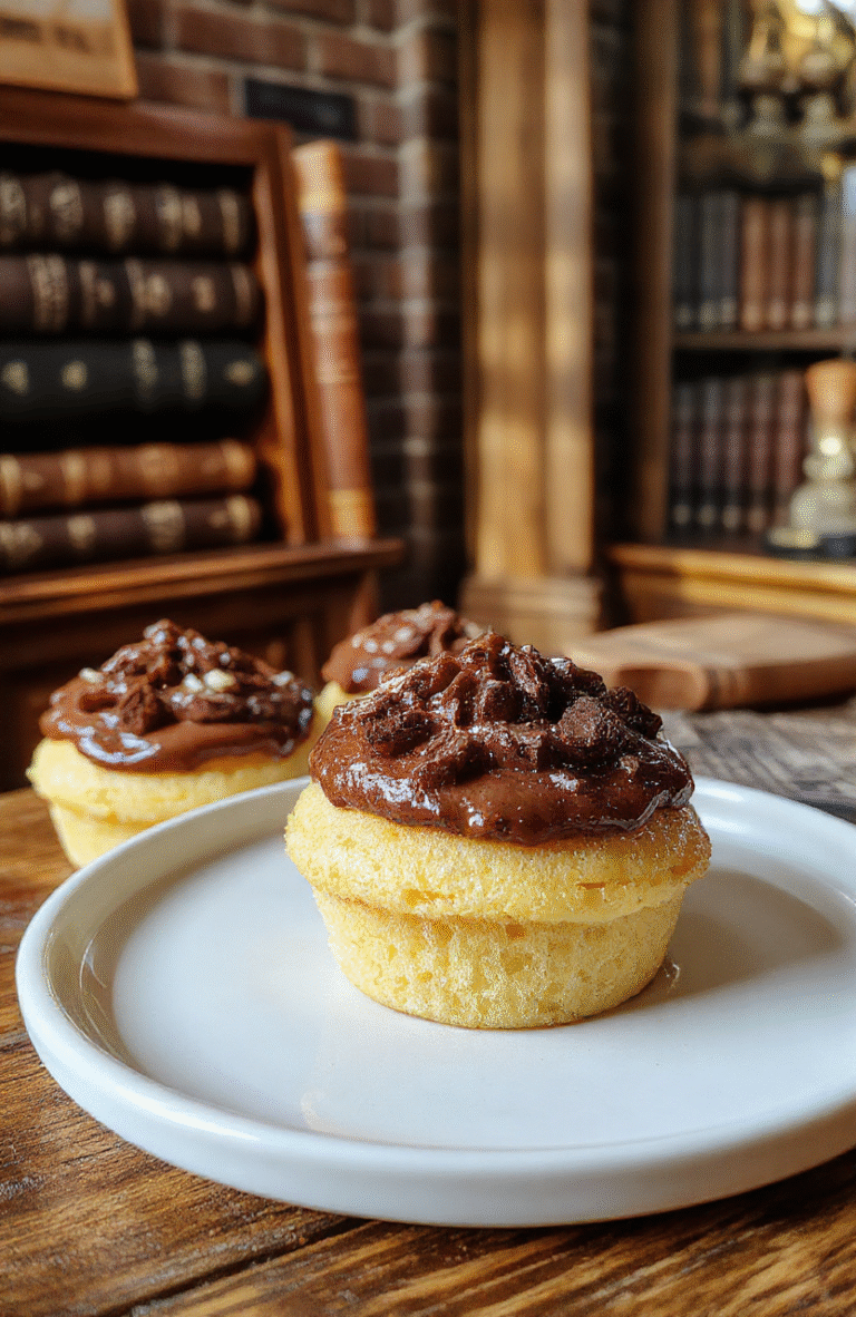 Colorful Butterbeer Cupcakes arranged on a rustic wooden table. The cupcakes have golden-yellow frosting topped with caramel drizzle, with miniature potion bottles and wizarding accessories beside them. The background features a cozy, dimly lit wizarding library with leather books and vintage decor, styled in warm tones to evoke a magical atmosphere.