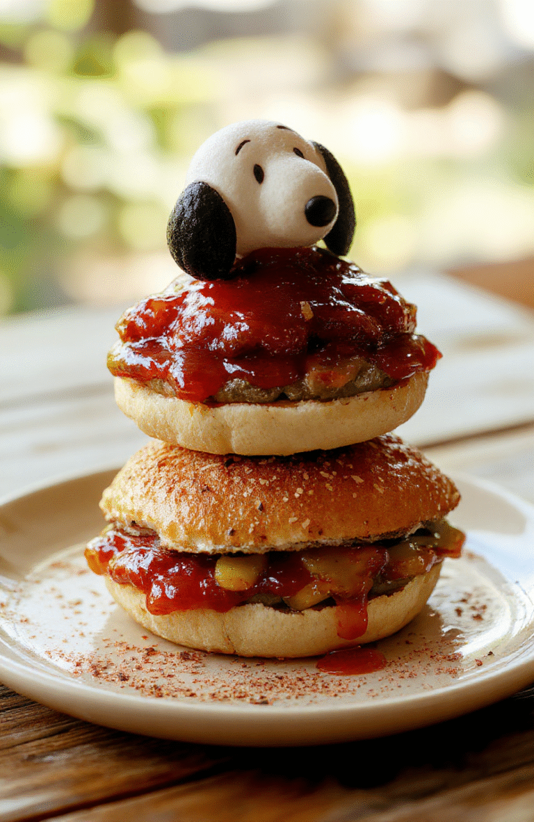 Colorful Snoopy Charlie Brown PB&J Stack with layered bread, smooth peanut butter, and vibrant jelly, arranged neatly on a rustic wooden plate, with soft lighting highlighting the textures and glossy finishes, styled casually for a nostalgic cartoon-inspired presentation.