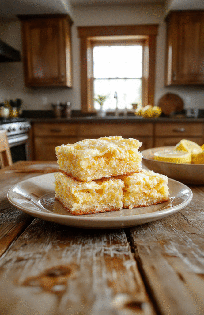 Bright yellow lemon squares arranged on a white plate with a powdered sugar dusting, showcasing smooth lemon filling and golden crust, styled simply for a casual yet appealing presentation