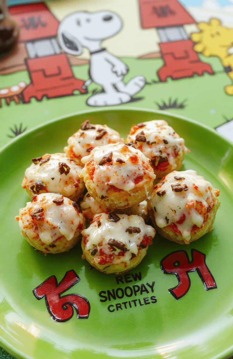 Colorful Snoopy Red Baron Pizza Bites arranged on a vibrant plate, featuring mini pizza rounds topped with cheese, pepperoni, and playful Snoopy-shaped decorations. The scene has a cheerful, cartoon-inspired vibe with bright reds, whites, and yellows, styled for a fun and nostalgic presentation.
