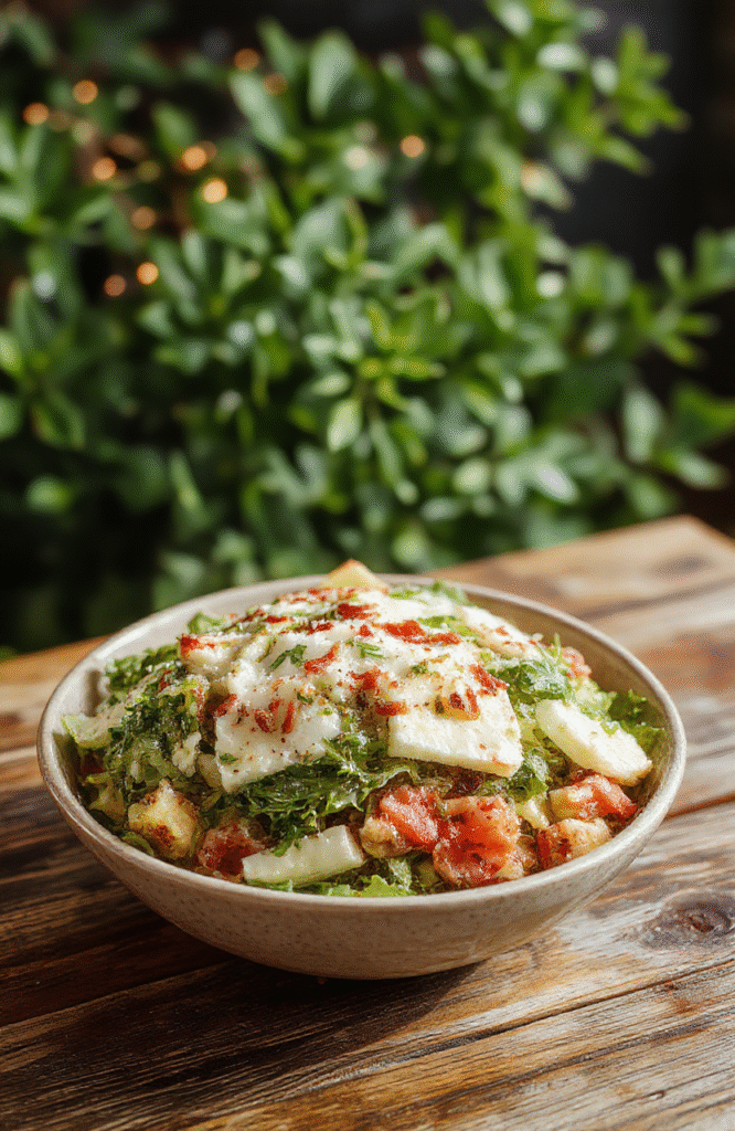 A vibrant Snow White Forest Feast Salad featuring fresh green lettuce, sliced strawberries, blueberries, edible flowers, and crunchy nuts, all beautifully arranged on a rustic wooden plate, with a backdrop of lush greenery and fairy lights, styled to evoke an enchanted forest scene.