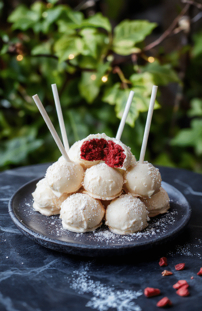 Vivid red velvet cake pops with glossy red coating, decorated with green candied leaves and tiny edible gold specks, arranged on a dark plate against a black background, with a slight shimmer highlighting their shiny surface and intricate details.