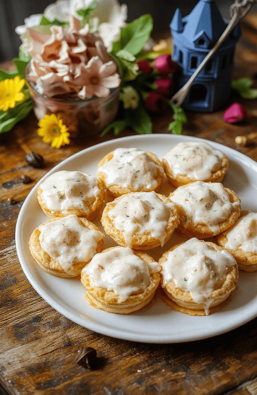 Colorful mini pies with golden crusts topped with green, red, and blue icing decorations, presented on a vintage plate with fairy tale-themed backdrop, textured pie crusts and creamy filling visible inside.