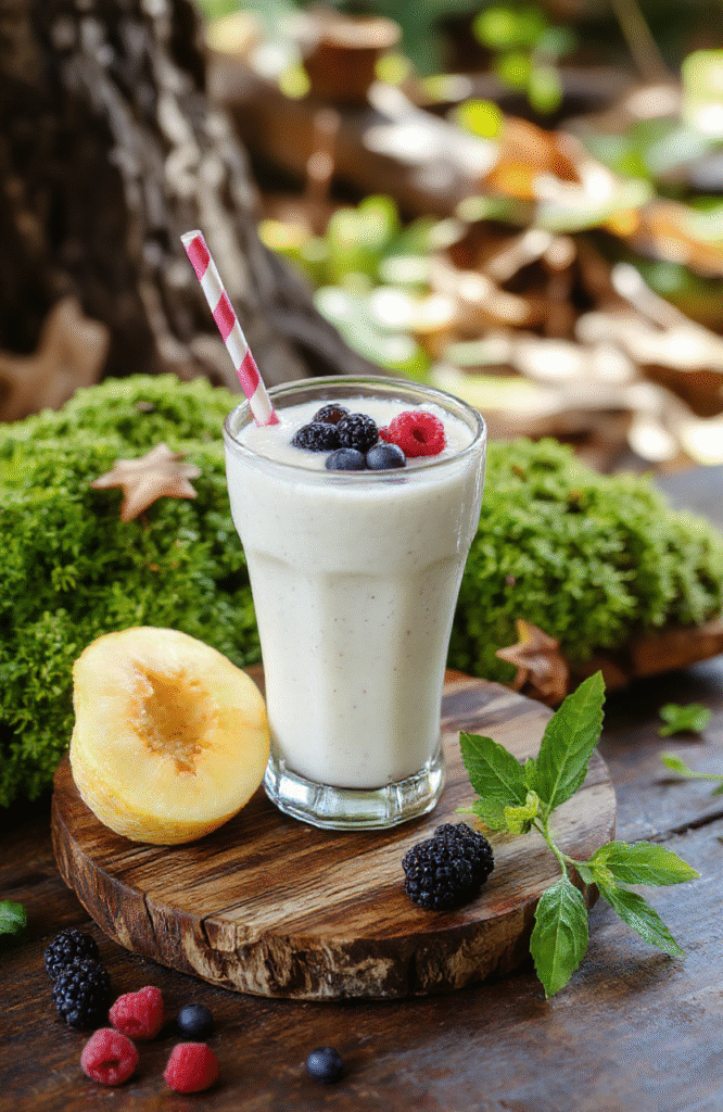 A vibrant Snow White Woodland Berry Smoothie in a tall glass topped with fresh berries and mint, surrounded by fresh forest berries and leafy greens, with a whimsical woodland backdrop featuring dappled sunlight and mossy textures.