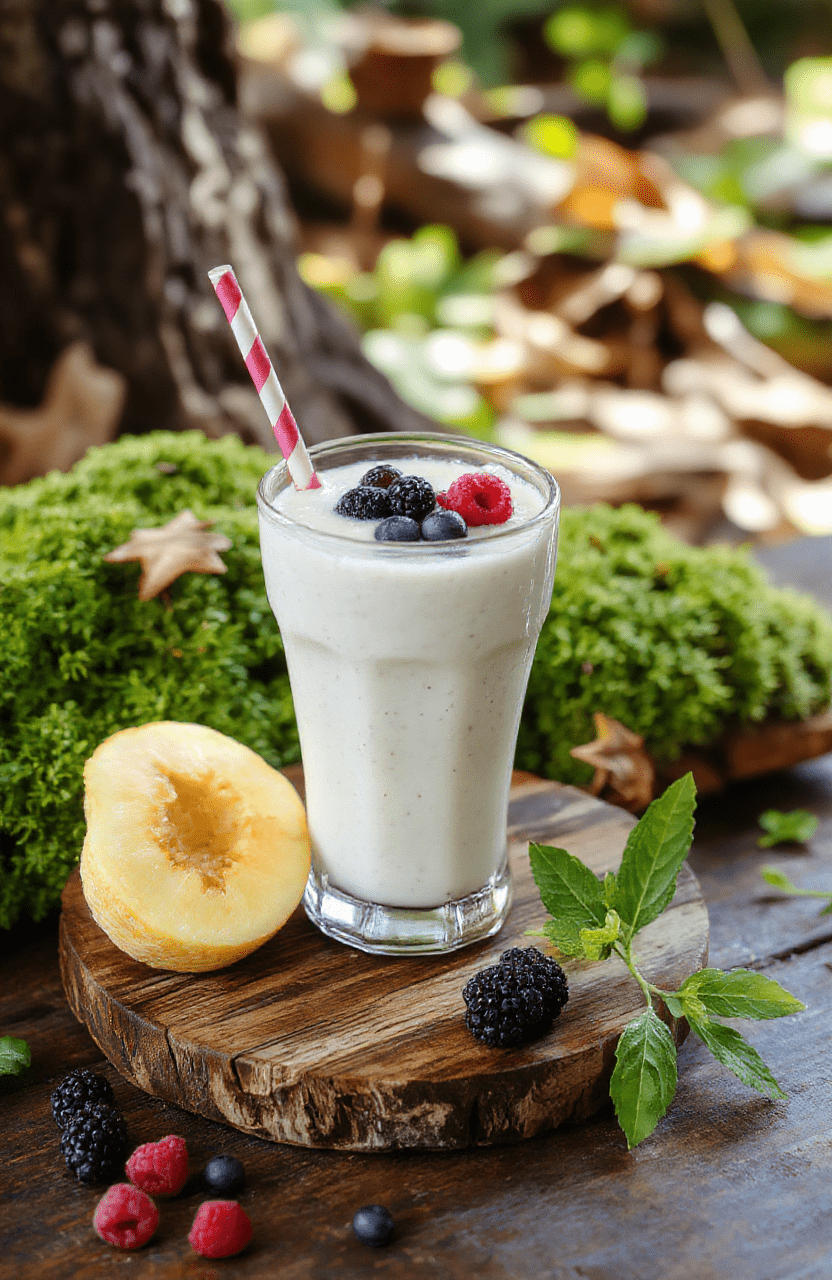 A vibrant Snow White Woodland Berry Smoothie in a tall glass topped with fresh berries and mint, surrounded by fresh forest berries and leafy greens, with a whimsical woodland backdrop featuring dappled sunlight and mossy textures.