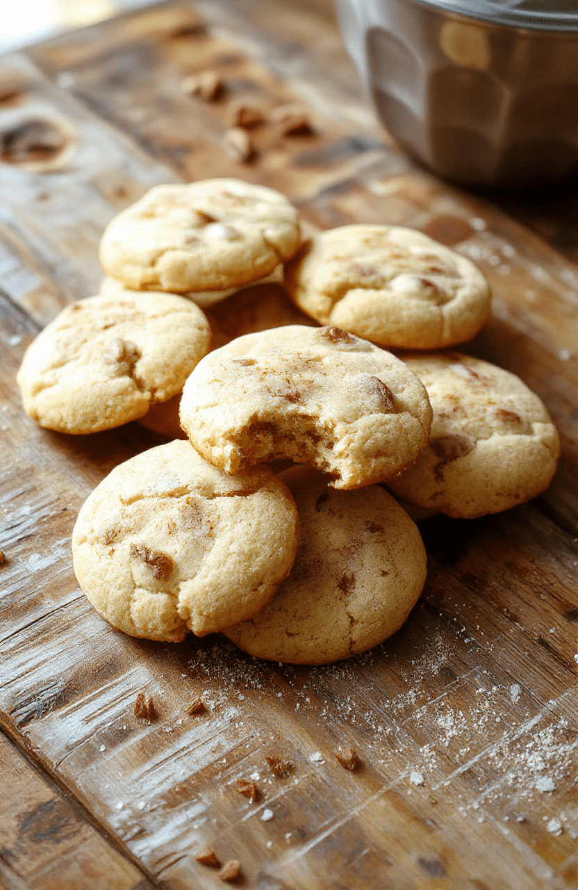 A plate of freshly baked chewy snickerdoodles dusted with cinnamon sugar, golden-brown edges, soft center, arranged on a rustic wooden table with a cozy background