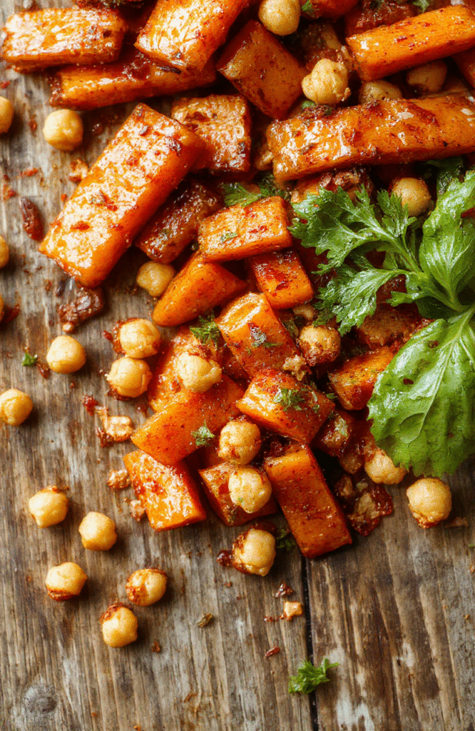 A vibrant plate featuring golden roasted carrots seasoned with herbs and spices, topped with crispy chickpeas. The dish is beautifully arranged with colorful carrots glazed lightly, garnished with fresh herbs, emphasizing textures of crunch and tender vegetables, styled simply on a rustic wooden platter.