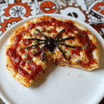 A vibrant Spider-Man Web-Shooter Pizza expertly decorated with red tomato sauce, melted cheese, and black olive web patterns on a rustic wooden table, garnished with fresh basil leaves for a pop of green, with a bold comic book style inspired backdrop.