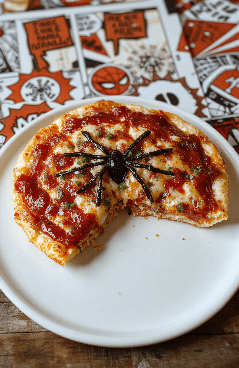 A vibrant Spider-Man Web-Shooter Pizza expertly decorated with red tomato sauce, melted cheese, and black olive web patterns on a rustic wooden table, garnished with fresh basil leaves for a pop of green, with a bold comic book style inspired backdrop.
