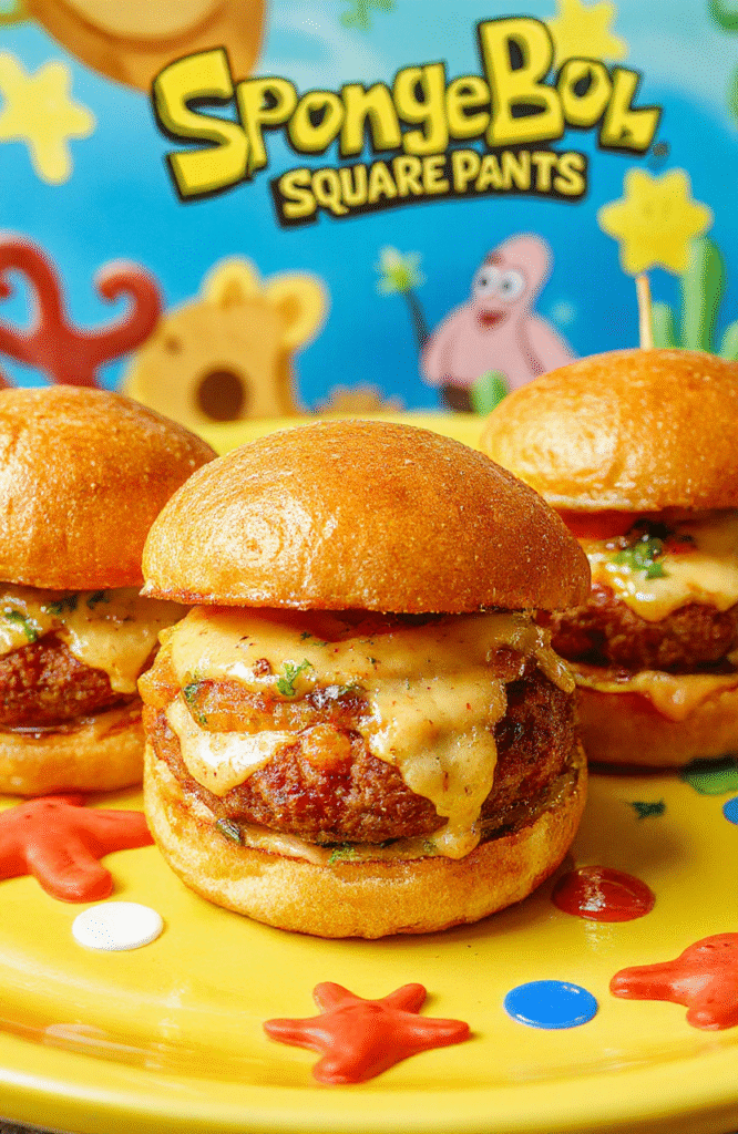 Colorful Spongebob Squarepants Krabby Patty Sliders arranged on a vibrant cartoon-themed plate, featuring juicy beef patties, crisp lettuce, ripe tomatoes, and sesame seed buns, accented with playful sea-inspired decorations, all styled in a bright, cheerful setting.
