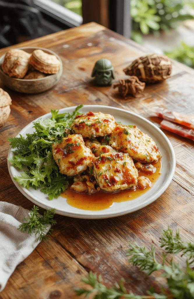 A vibrant Ewok Forest Berry Tart with a golden crust filled with a colorful mixture of fresh berries in shades of red, purple, and blue. The tart is placed on a rustic wooden platter, garnished with mint leaves and edible flowers, creating an inviting, whimsical presentation inspired by a lush forest scene from Star Wars. The background features soft, natural lighting highlighting the glossy fruit and flaky crust textures.