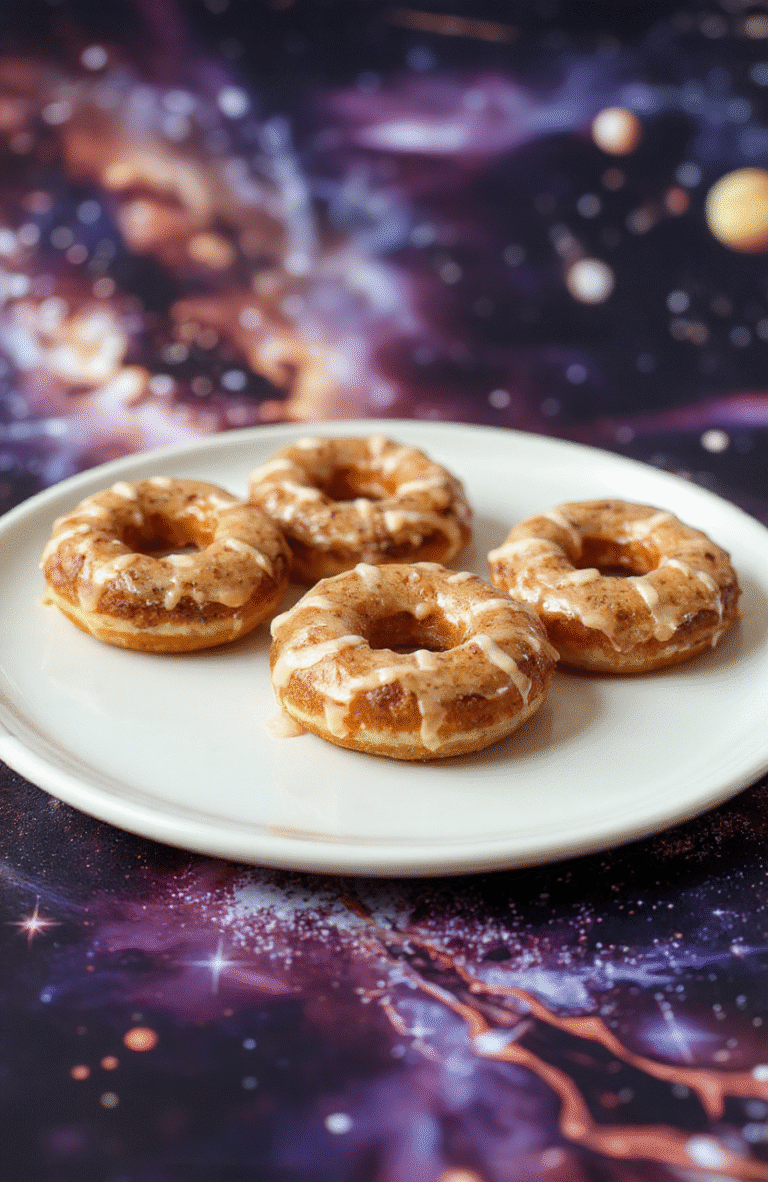 Vibrant space-themed donut rings styled with colorful icing and galaxy-inspired toppings, arranged on a metallic tray with cosmic background elements, showcasing shiny glaze textures and playful designs inspired by Star Wars.