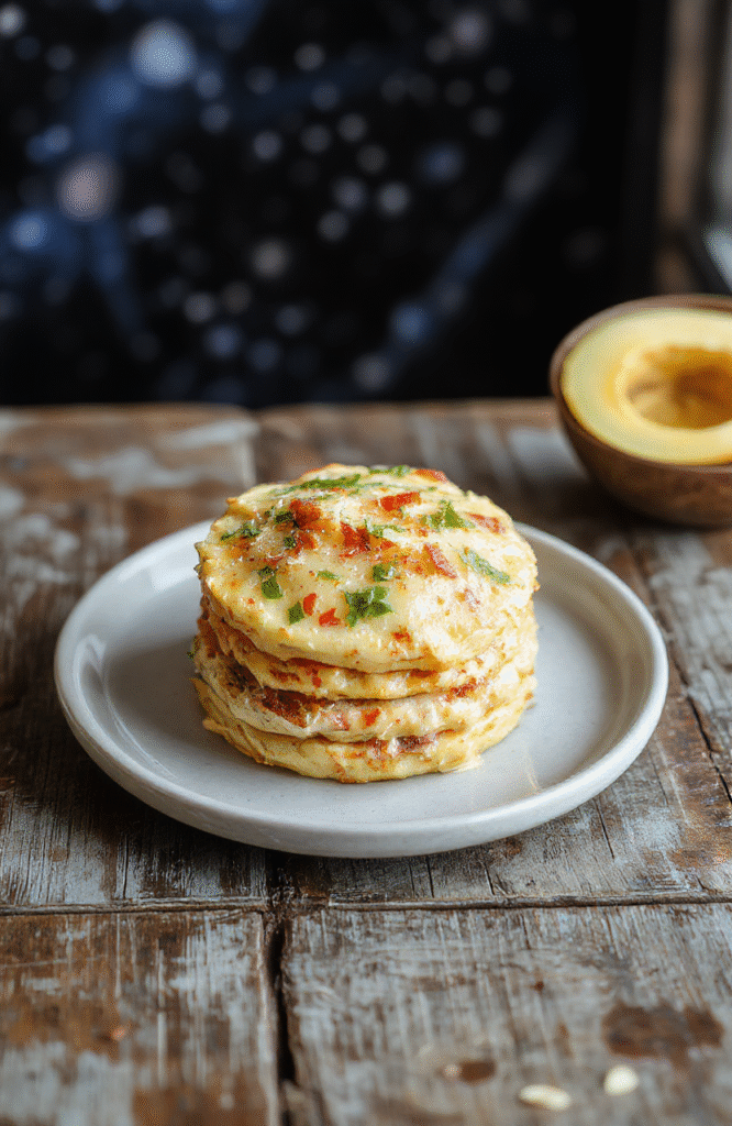 Colorful Millennium Falcon-shaped pancakes stacked neatly on a white plate, drizzled with syrup and topped with fresh berries, set against a rustic wooden table with a galaxy-themed background and soft natural lighting.