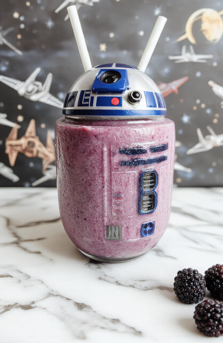 A vibrant blue blueberry smoothie in a clear glass, decorated to resemble R2-D2 with edible eyes and silver accents, surrounded by fresh blueberries and star-shaped garnishes on a sleek white plate, with a Sci-Fi themed background.