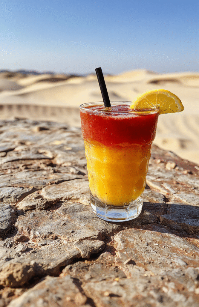 A vibrant, glowing Tatooine Sunset Punch served in a clear glass with ice cubes, garnished with tropical fruit slices and a mini umbrella. The punch's fiery orange and red hues mimic a sunset over a desert landscape, with a backdrop of a starry night sky and a sandy surface resembling Tatooine's dunes.