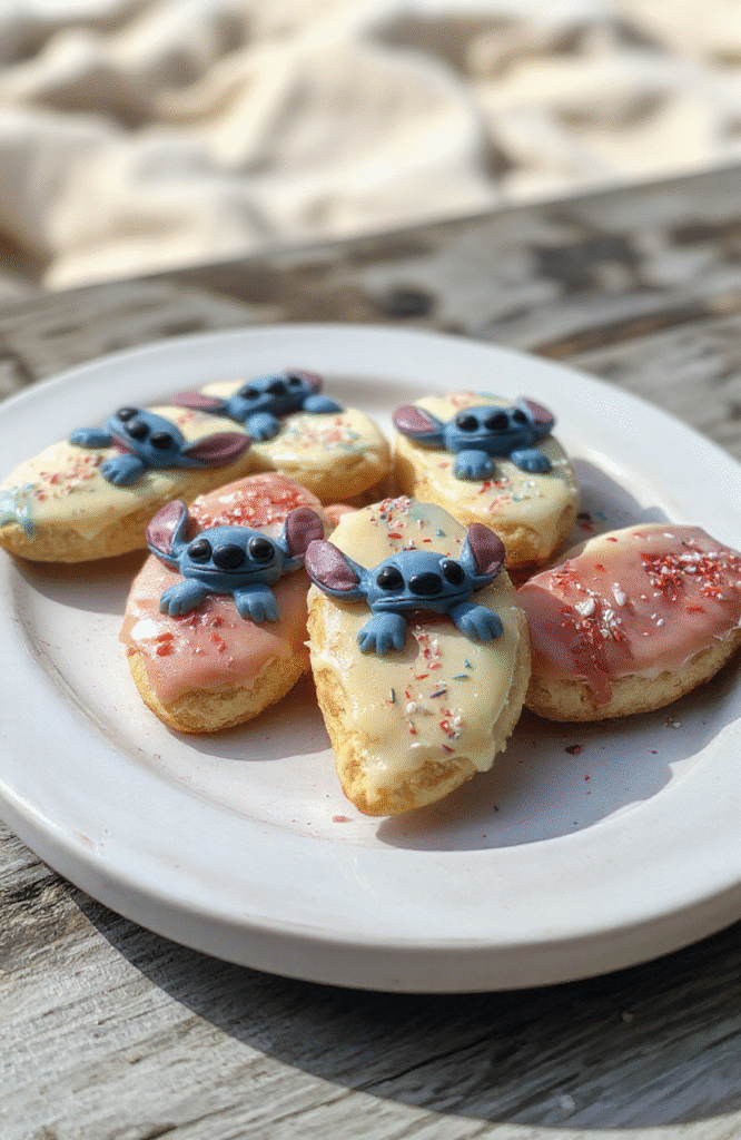 Colorful Stitch surfboard shaped sugar cookies decorated with vibrant icing, sprinkles, and themed toppings, arranged on a rustic white platter with a beachy backdrop, capturing the playful and cinematic vibe.