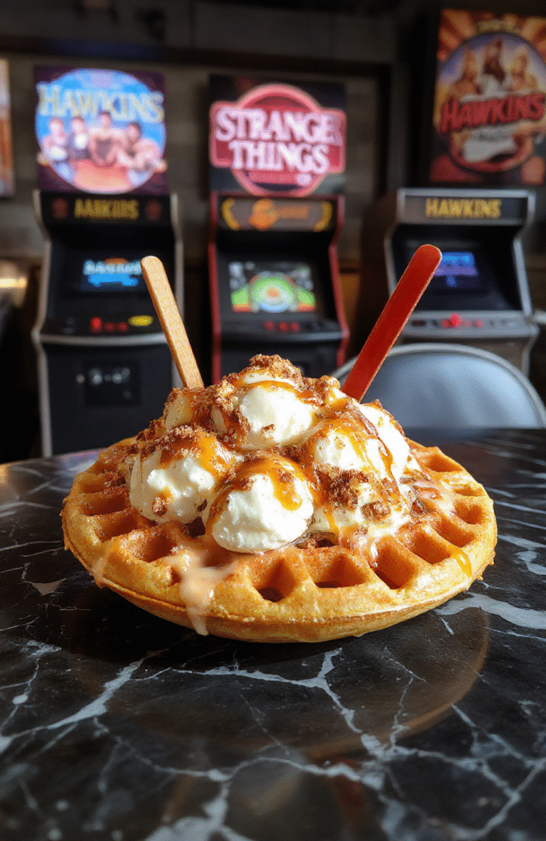 A colorful waffle sundae bar setup inspired by Stranger Things, featuring golden waffles topped with vibrant sprinkles, whipped cream, colorful syrup, and gummy candies, all arranged on a retro-style table with neon accents and Hawkins-themed decorations, inviting and nostalgic.