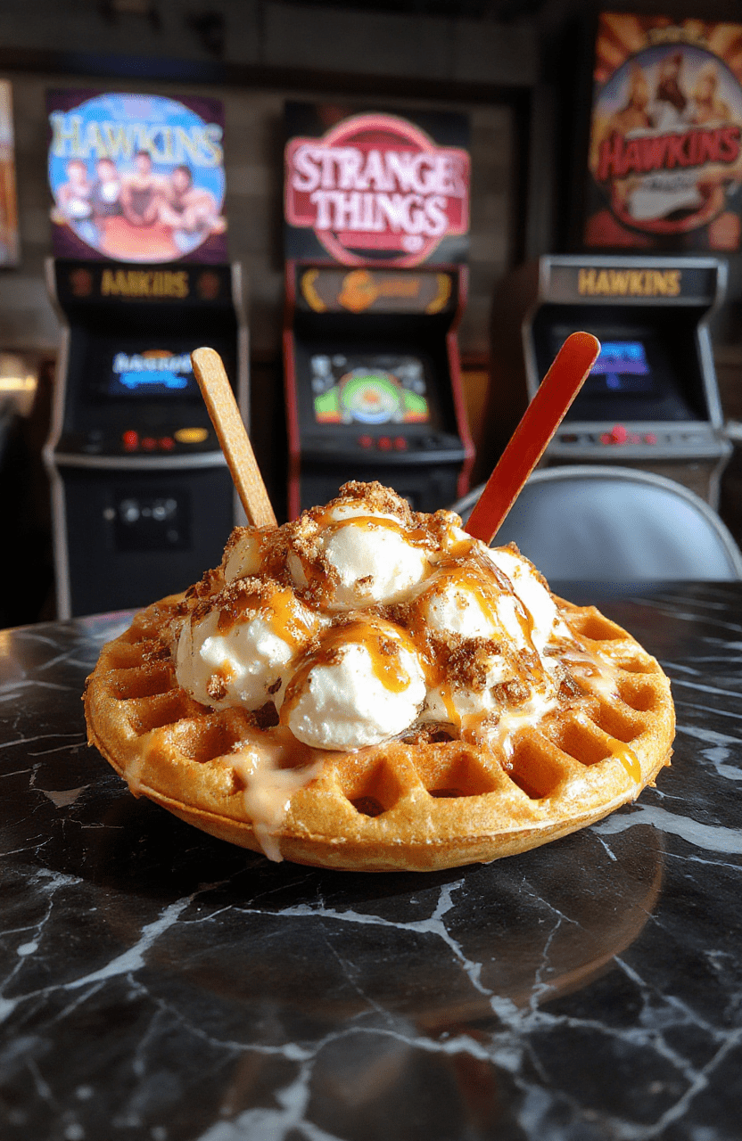 A colorful waffle sundae bar setup inspired by Stranger Things, featuring golden waffles topped with vibrant sprinkles, whipped cream, colorful syrup, and gummy candies, all arranged on a retro-style table with neon accents and Hawkins-themed decorations, inviting and nostalgic.