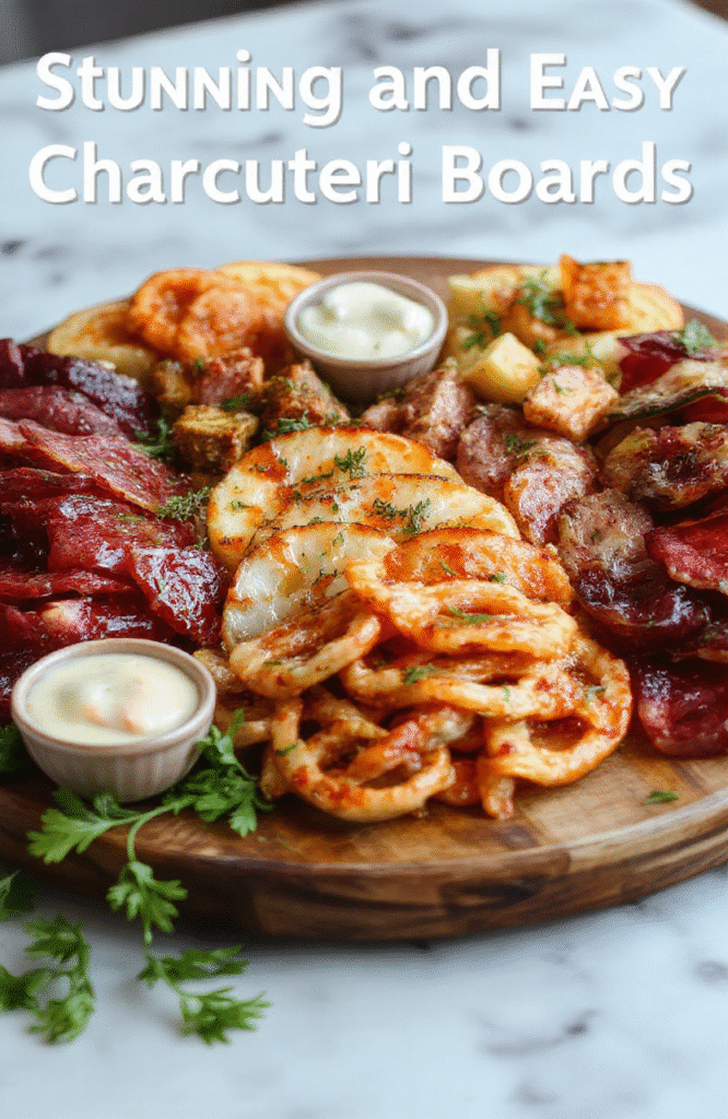 Colorful charcuterie boards featuring a variety of cured meats, cheeses, fresh fruits, nuts, and crackers, artfully arranged on a wooden serving tray. The vibrant colors of the fruits and cheeses contrast beautifully with the rustic texture of the wood, styled with elegant garnishes and small bowls of dips, all presented in a festive and mouthwatering manner.