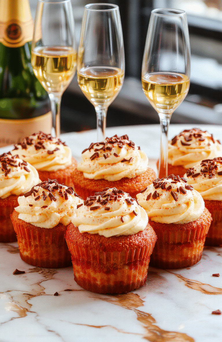 Elegant champagne cupcakes with golden frosting swirls topped with tiny edible pearls, arranged on a sleek platter. The cupcakes are light, fluffy with a subtle shimmer, complemented by a champagne flute in the background. The scene is set with a luxurious tablecloth, soft ambient lighting highlighting the golden hues, perfect for a lavish celebration.