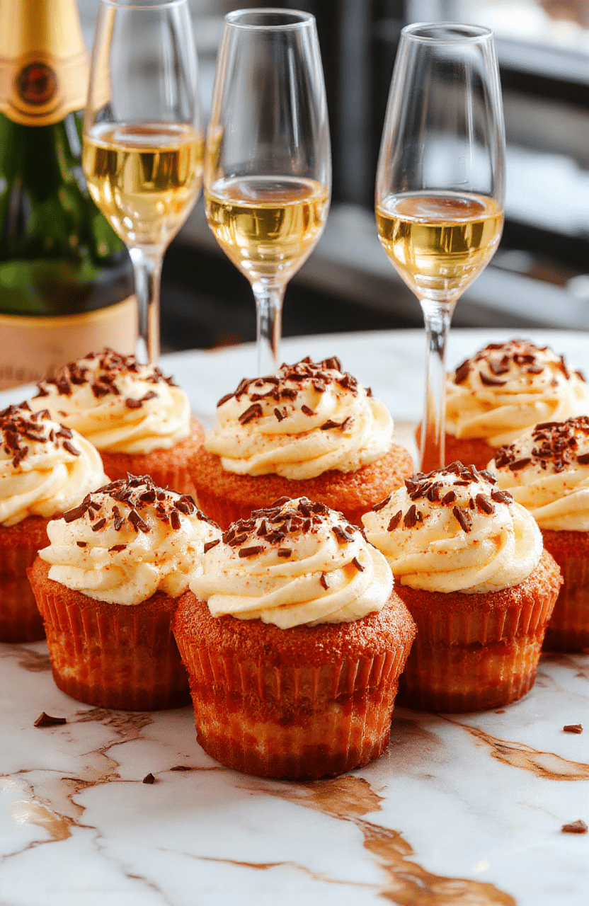 Elegant champagne cupcakes with golden frosting swirls topped with tiny edible pearls, arranged on a sleek platter. The cupcakes are light, fluffy with a subtle shimmer, complemented by a champagne flute in the background. The scene is set with a luxurious tablecloth, soft ambient lighting highlighting the golden hues, perfect for a lavish celebration.