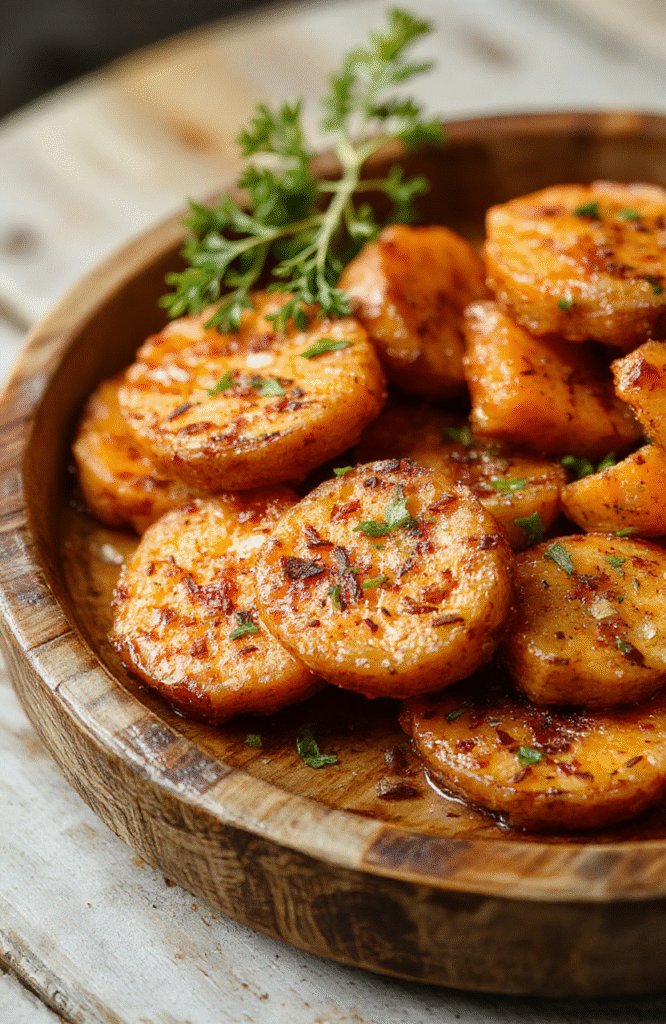Colorful roasted sweet potato rounds arranged neatly on a rustic wooden platter, garnished with fresh herbs, showcasing crispy edges and tender interior, complemented by vibrant greens and a drizzle of seasoning for a warm, inviting look.
