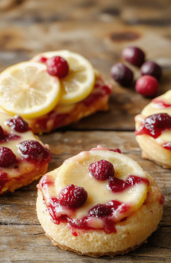 A vibrant display of cranberry lemon bars on a rustic white plate, showcasing a glossy cranberry topping and a golden crust, with fresh lemon zest and cranberries scattered around, styled with a light dusting of powdered sugar, capturing the tart and bright colors of the ingredients.
