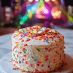 Vibrant Neon Confetti Cake topped with colorful neon sprinkles, layered with bright frosting, sitting on a shiny white plate with glittering background, playful and festive vibe