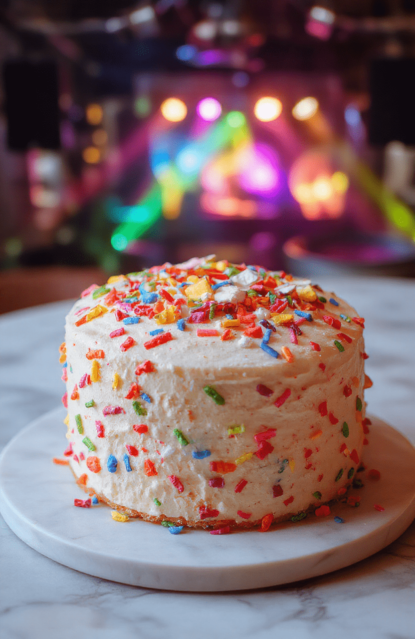 Vibrant Neon Confetti Cake topped with colorful neon sprinkles, layered with bright frosting, sitting on a shiny white plate with glittering background, playful and festive vibe