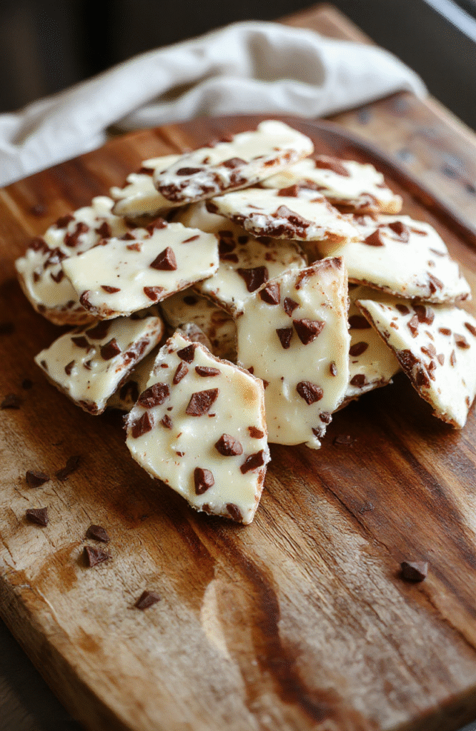 A close-up of Taylor Swift Blank Space White Chocolate Bark slices showcasing glossy white chocolate with dark drizzles and edible glitter, arranged on a rustic wooden platter with soft focus background, styled minimally with a hint of pink and gold accents, emphasizing textures and a festive feel.